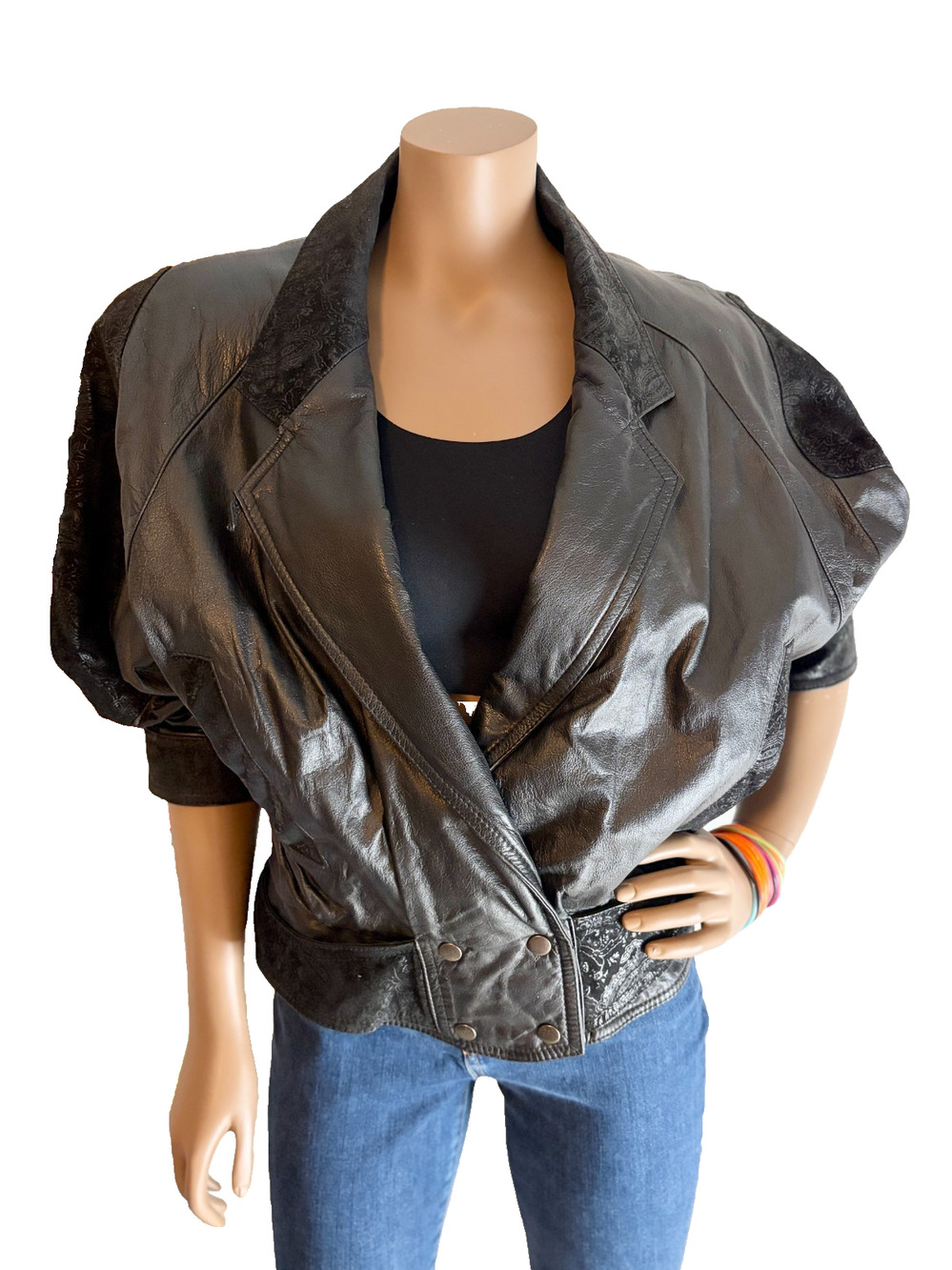 Leather Jacket Black Paisley Wilsons Womens L Vintage 90s Batwing Cropped Bomber
